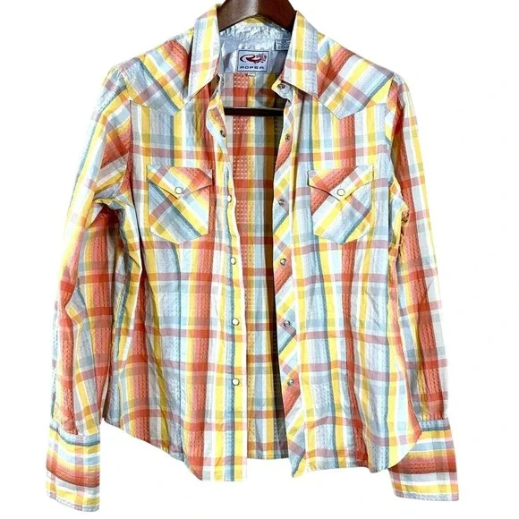 Roper Women's Shirts Orange Plaid Cotton Long Sleeves Western Cow Girl Size L - Picture 4 of 9